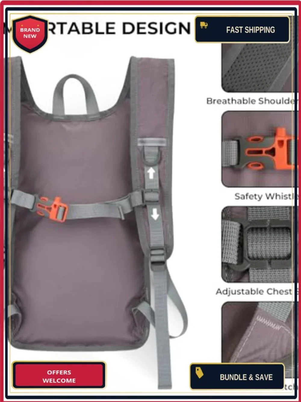 Foldable Lightweight Hiking Daypack 13L Nylon Travel Backpack with Chest Strap